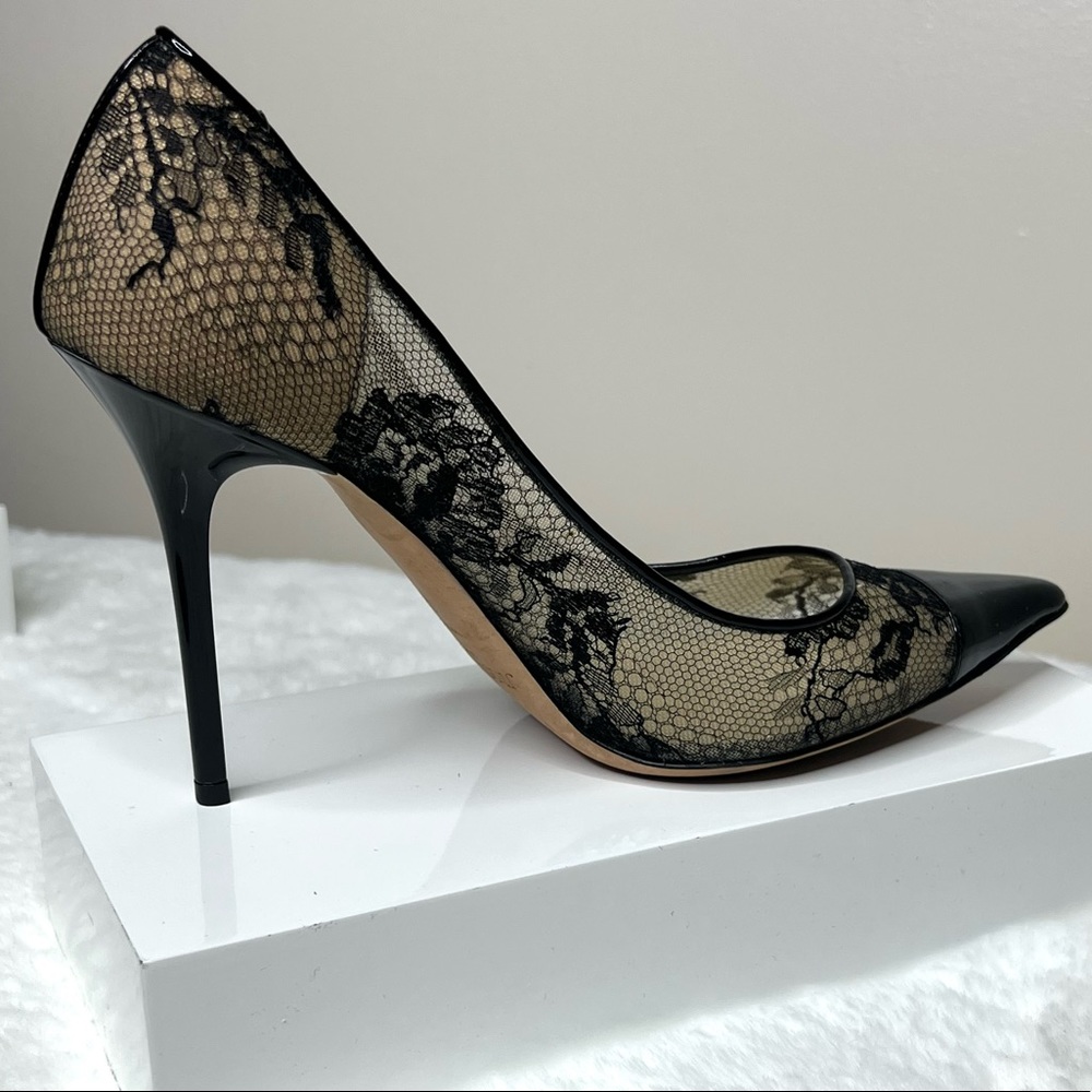 Jimmy Choo Black Lace and Nude Pointed Toe Stiletto Pumps